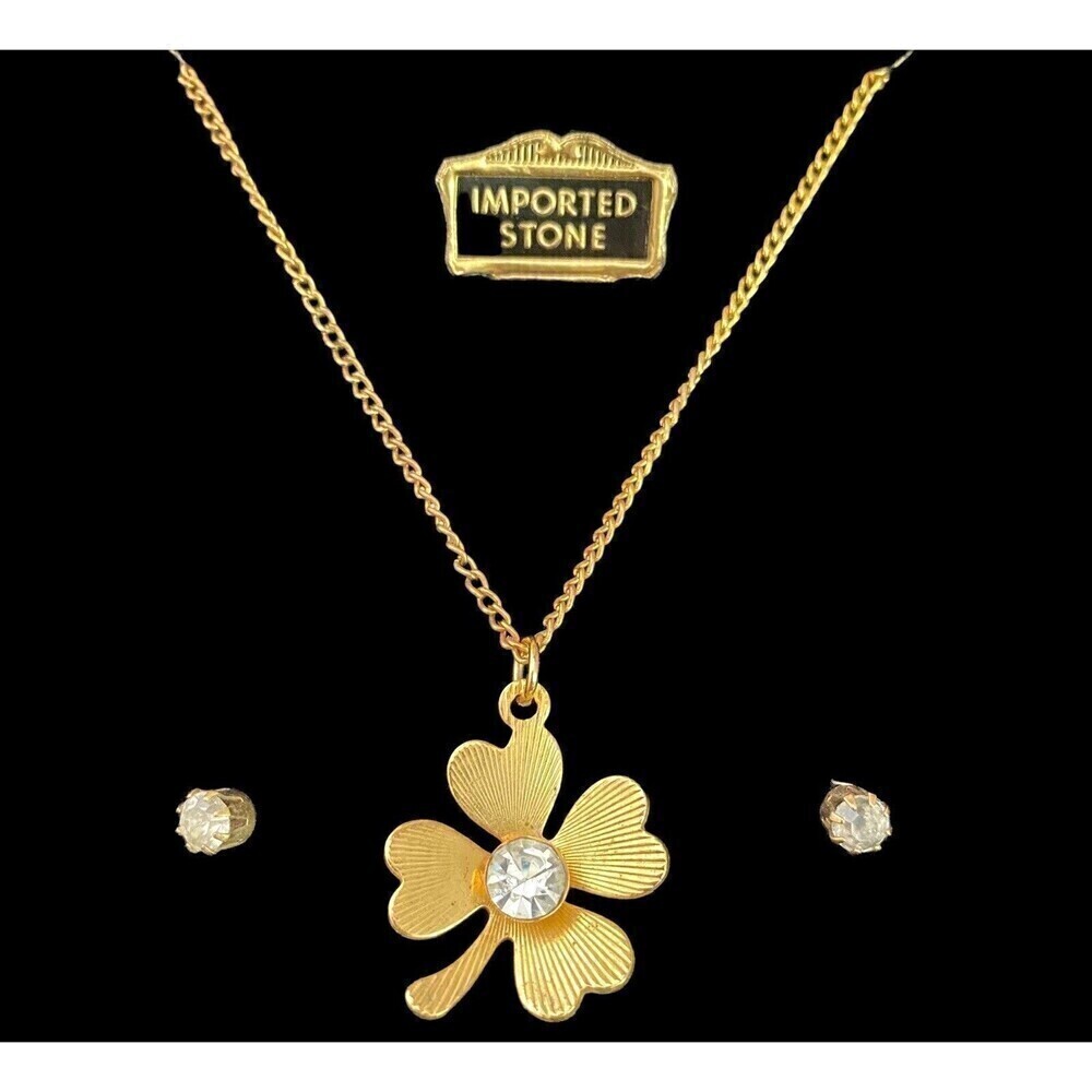 Vintage Necklace and Earring Set Gold Tone 4 Leaf Clover Shape Heart Rhinestone